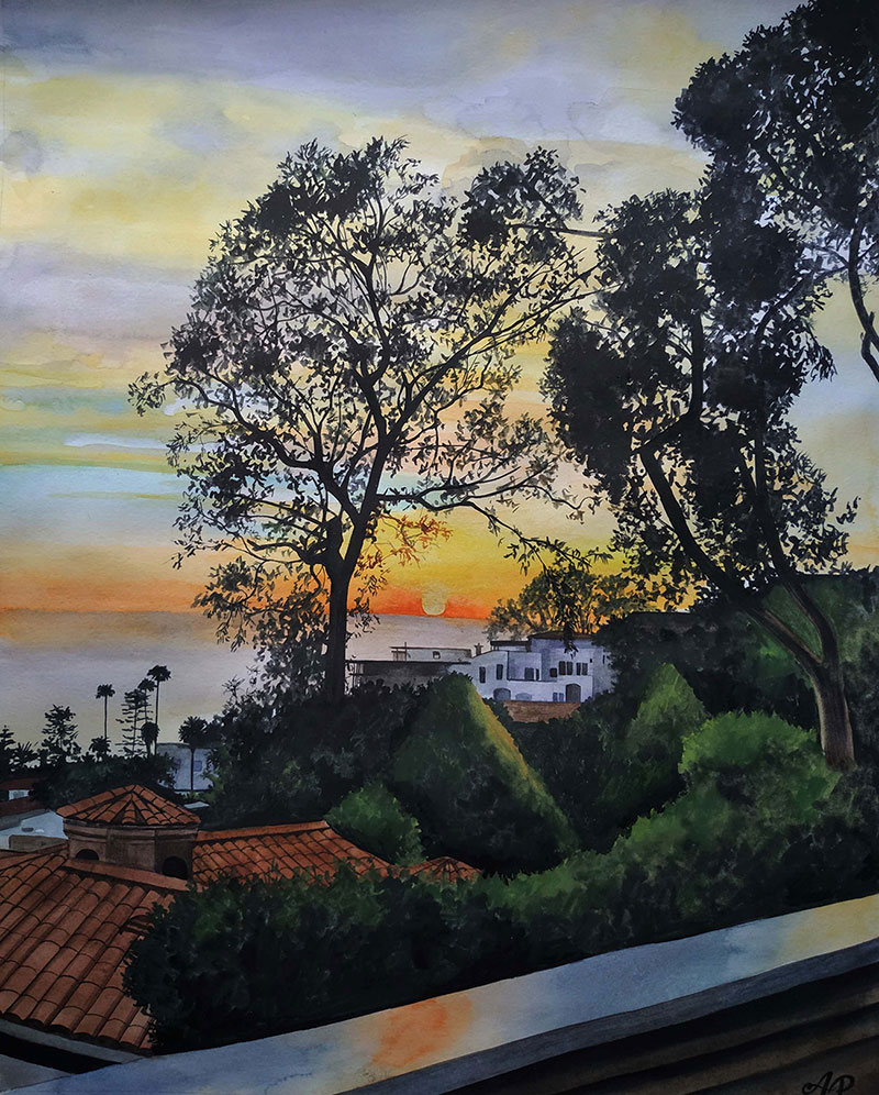 watercolor painting of the sunset by the sea 