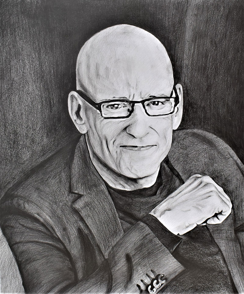 custom pencil portrait of a bald man with glasses