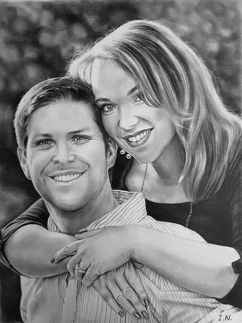 custom pencil drawing of woman hugging partner 