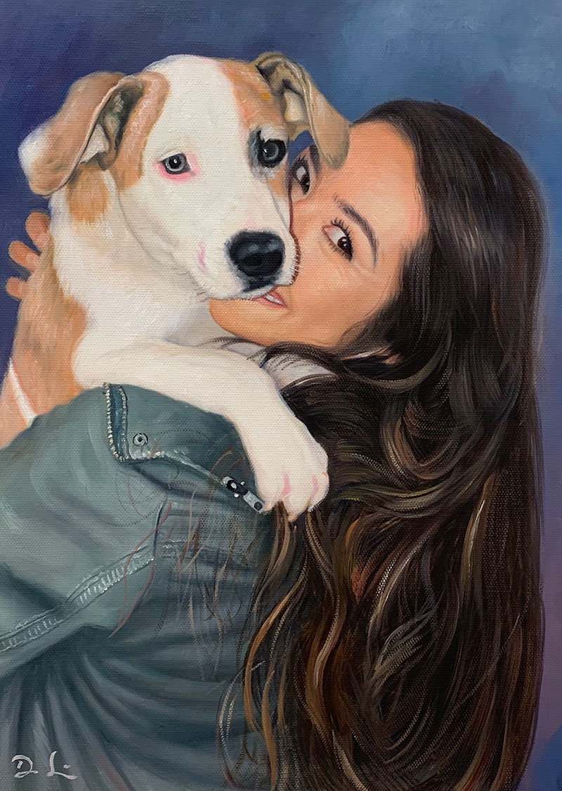 oil painting of woman hugging adorable puppy