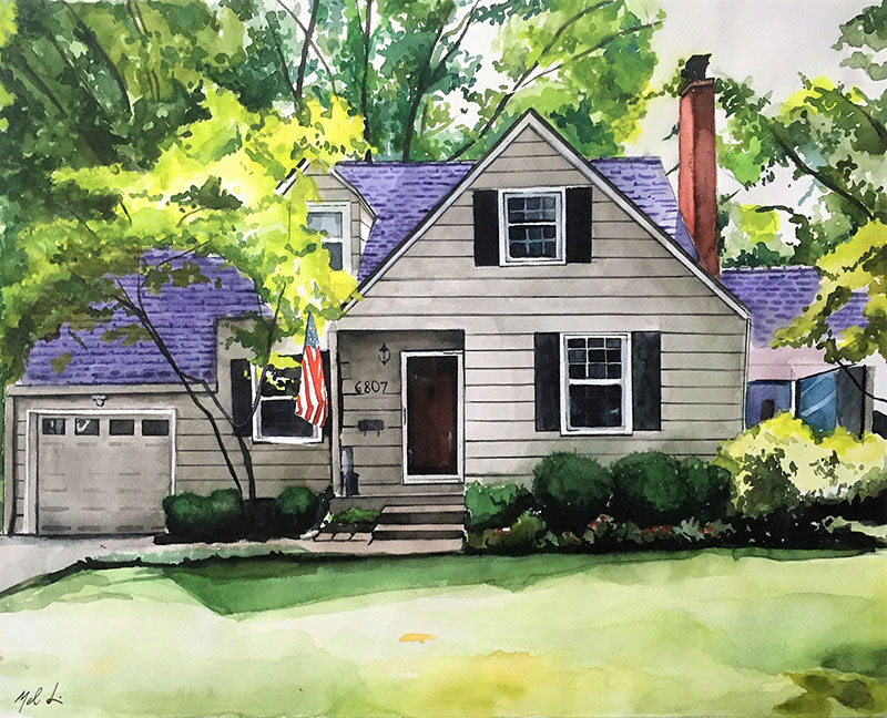 custom watercolor painting of a house with purple roof