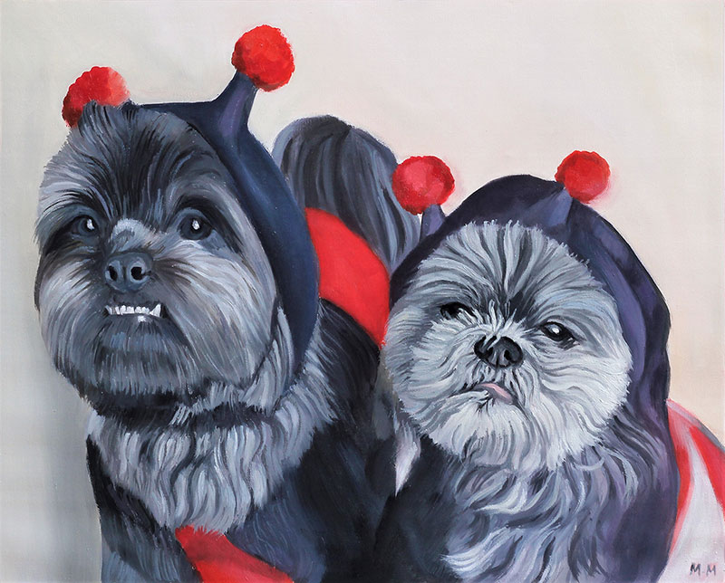 handmade oil painting of two tiny dogs wearing bee costumes