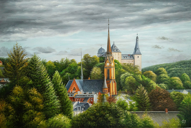 Handmade oil painting of a gothic churche