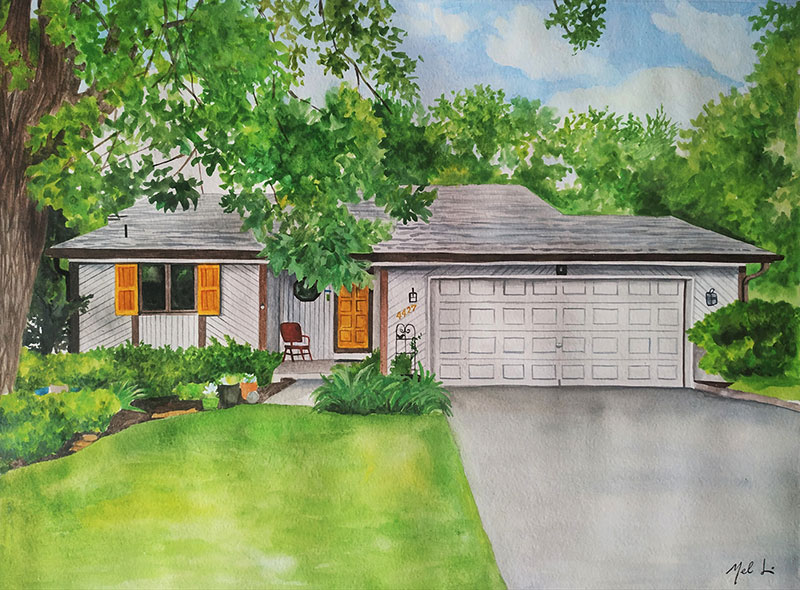 custom watercolor painting of a grey house with yellow door