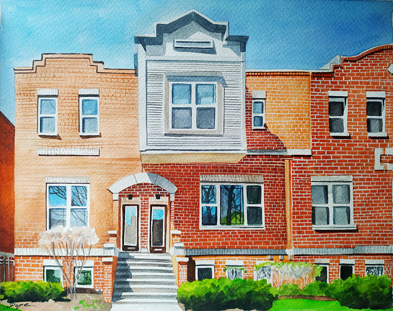 custom watercolor painting of a red and orange brick home
