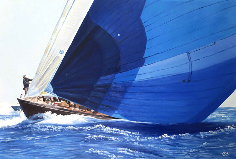 Custom oil handmade painting of an yacht with open sail