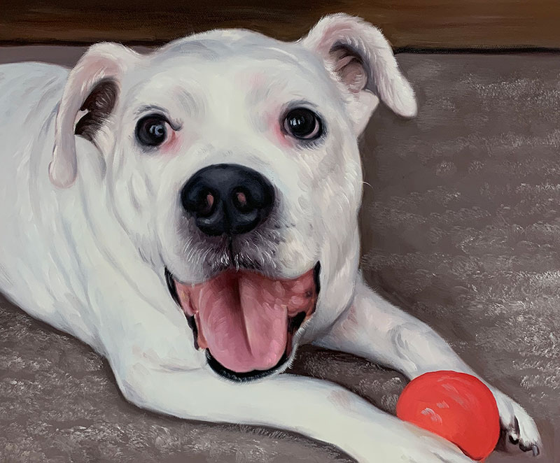 Painting of a white dog with a red ball