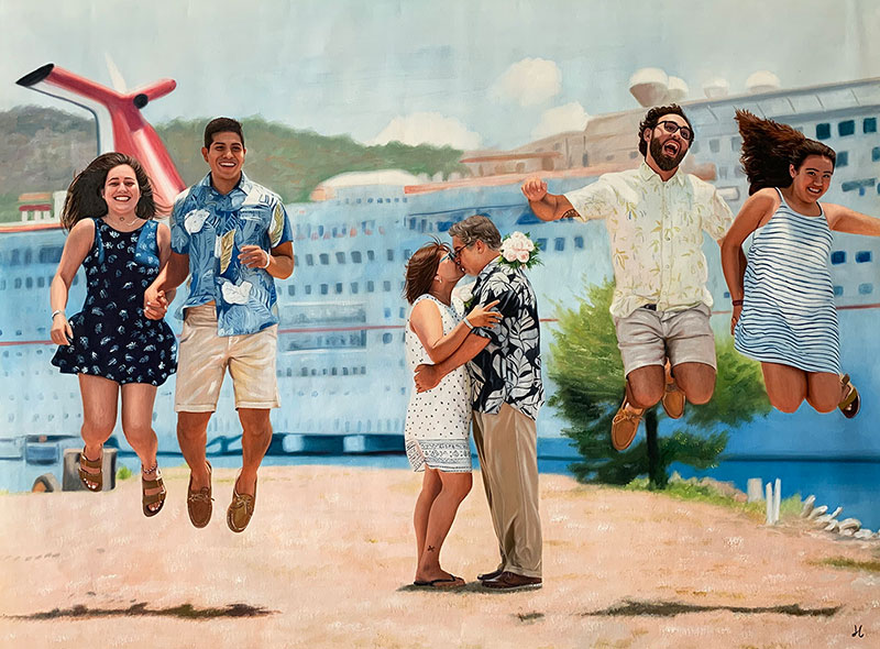 picture to painting collage of happy couple outdoors