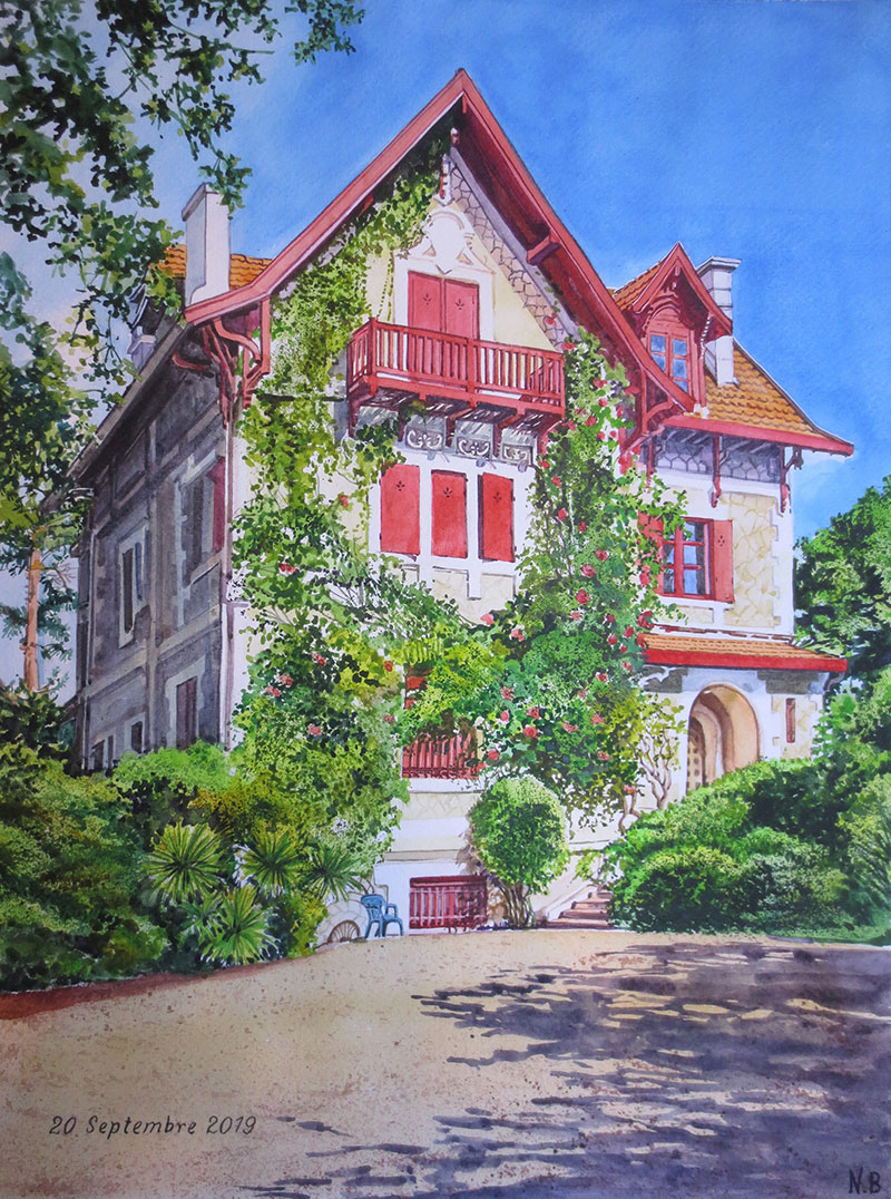 watercolor painting of beautiful home covered in shrubs