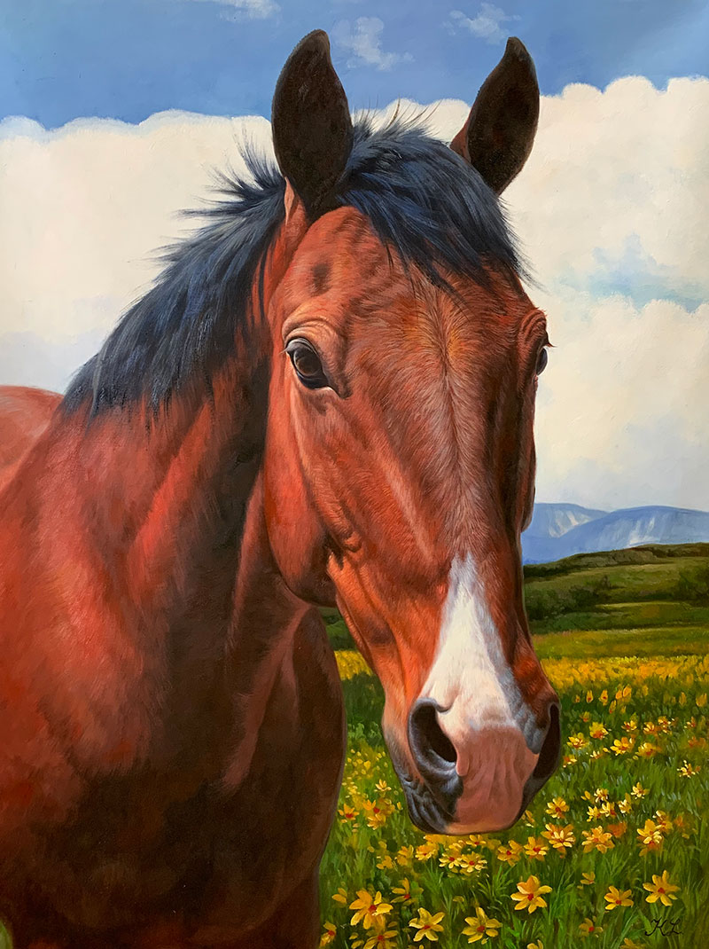 Custom oil portrait of a brown horse in a field