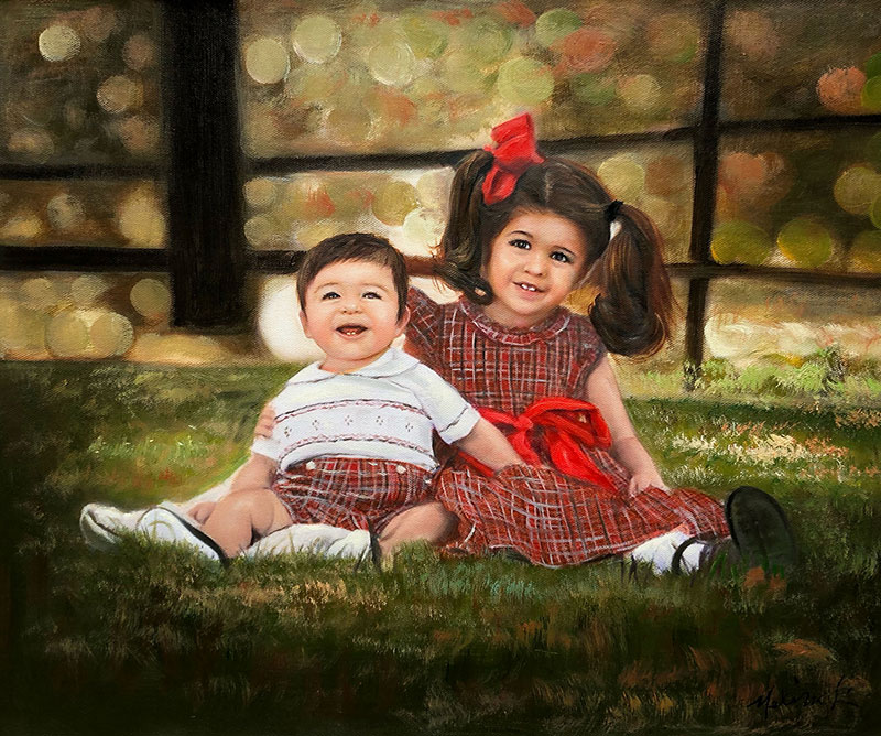 Beautiful handmade oil painting of the siblings