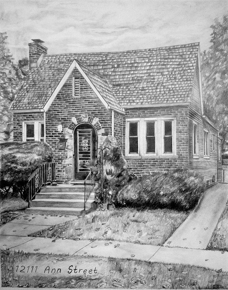 a black pencil drawing of a small house
