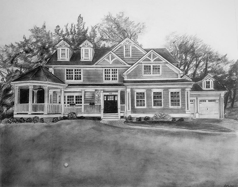 black pencil drawing of a large house outdoors