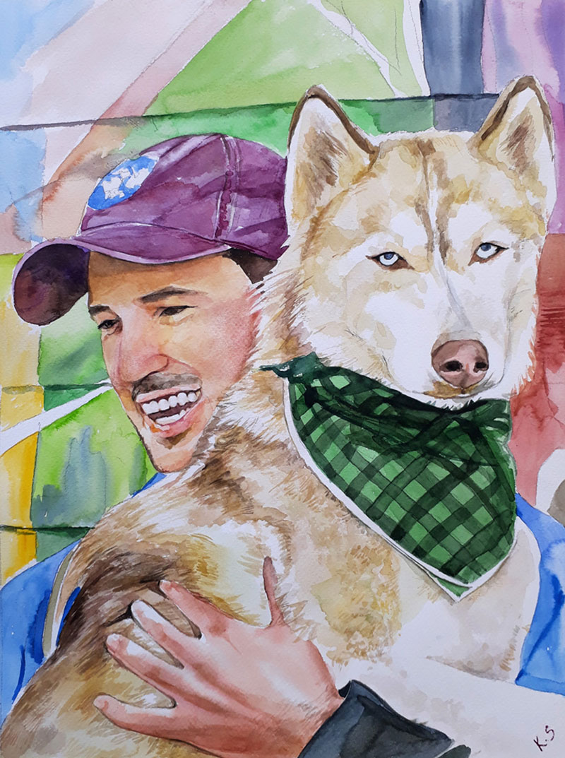 Custom watercolor painting of a dog and an adult