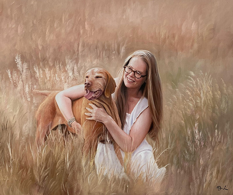 Gorgeous handmade oil artwork of a lady with dog in field