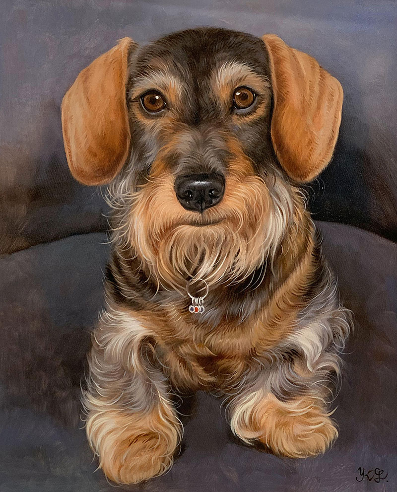 Painting of a wirehaired dachshund wearing a collar with charms.