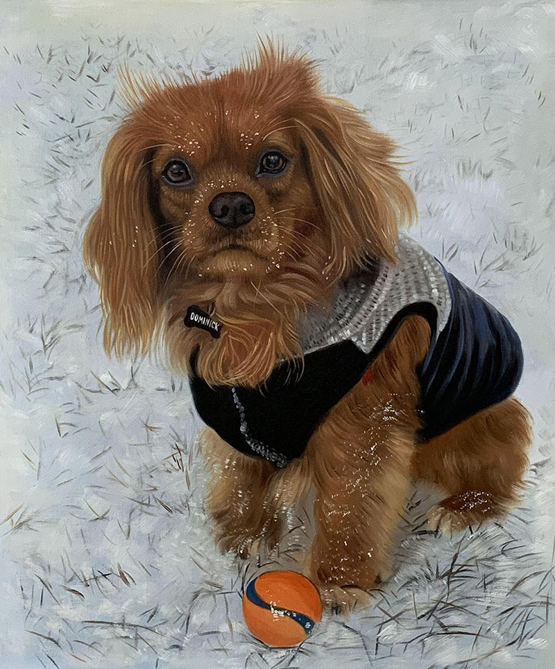 Painting of a Cavalier King Charles Spaniel wearing a jacket in the snow with a ball.