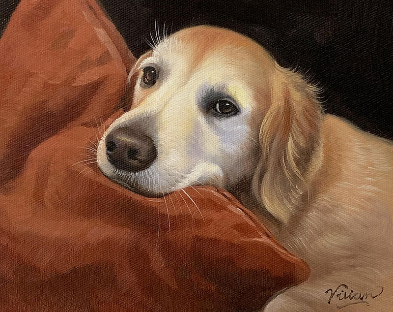 Painting of a golden retriever resting its head on a brown pillow