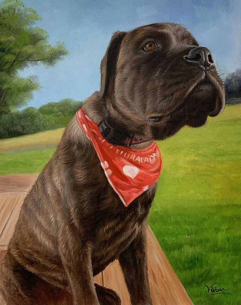 Painting of a brown dog wearing a red bandana, sitting on a deck outdoors.