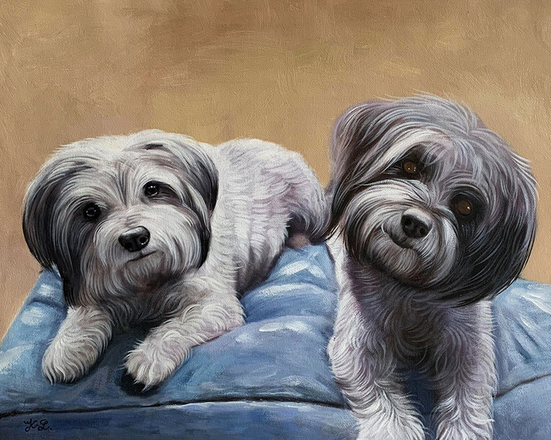 Painting of two fluffy dogs on a blue cushion.