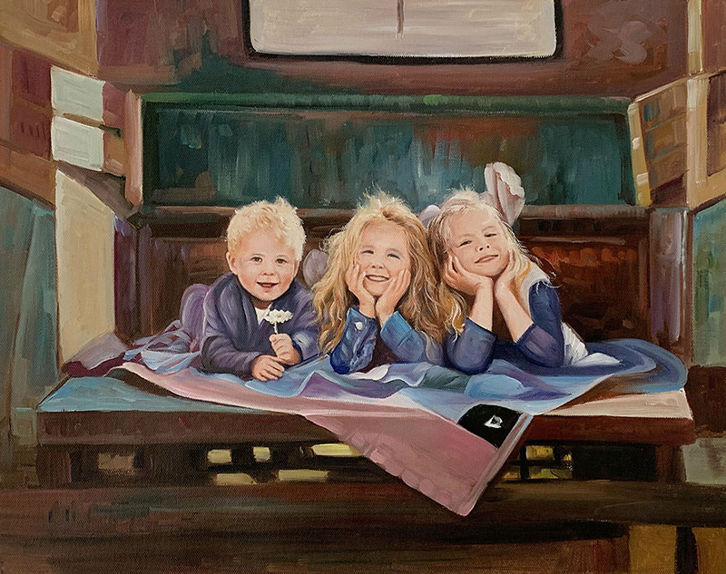 Beautiful oil artwork of three children
