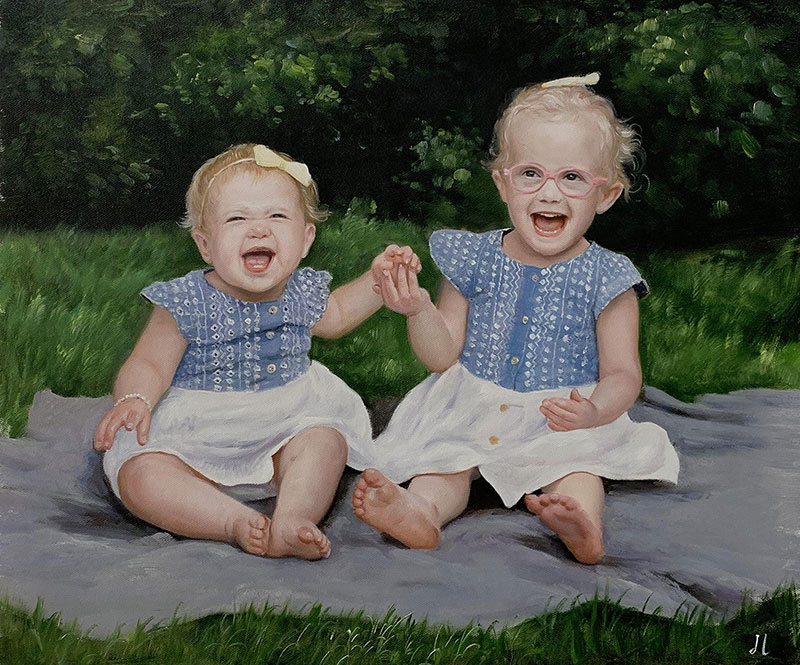 Custom handmade oil painting of two little sisters