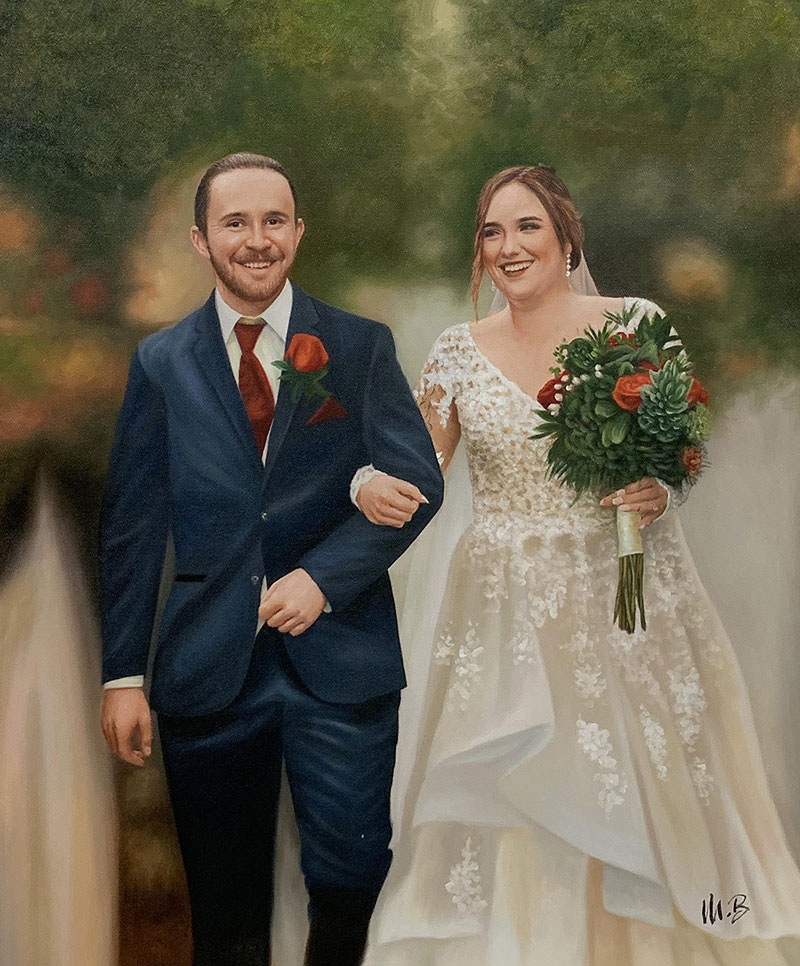 Beautiful oil painting of a just married couple