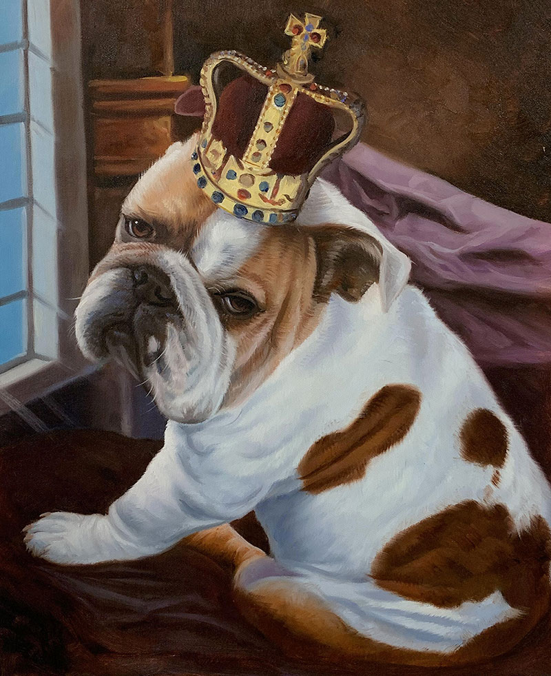 Painting of a bulldog wearing a crown and a white garment
