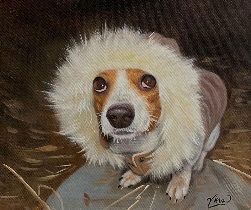 Painting of a small dog wearing a fluffy white coat.
