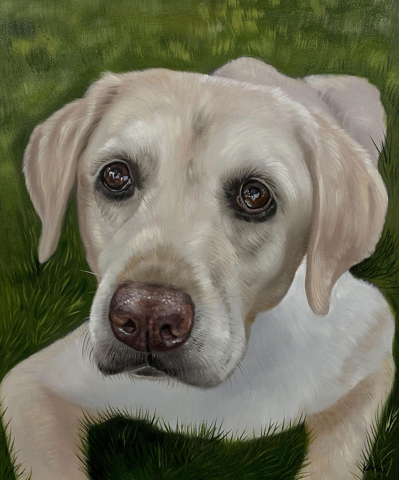 Painting of a yellow Labrador Retriever lying in the grass.