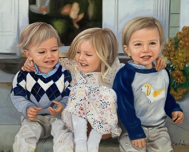 Beautiful oil painting of three kids