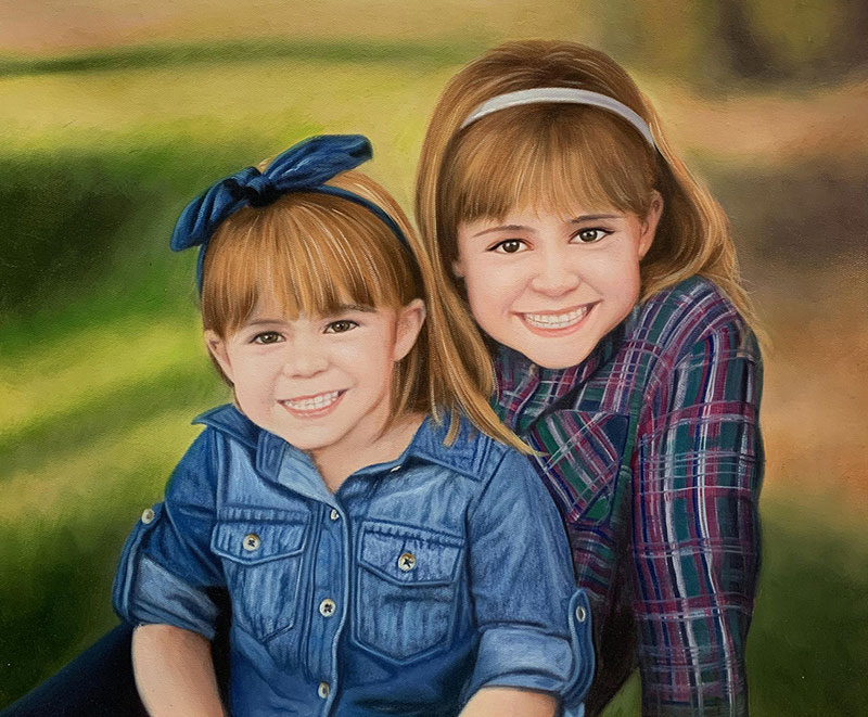 Beautiful oil painting of two little sisters