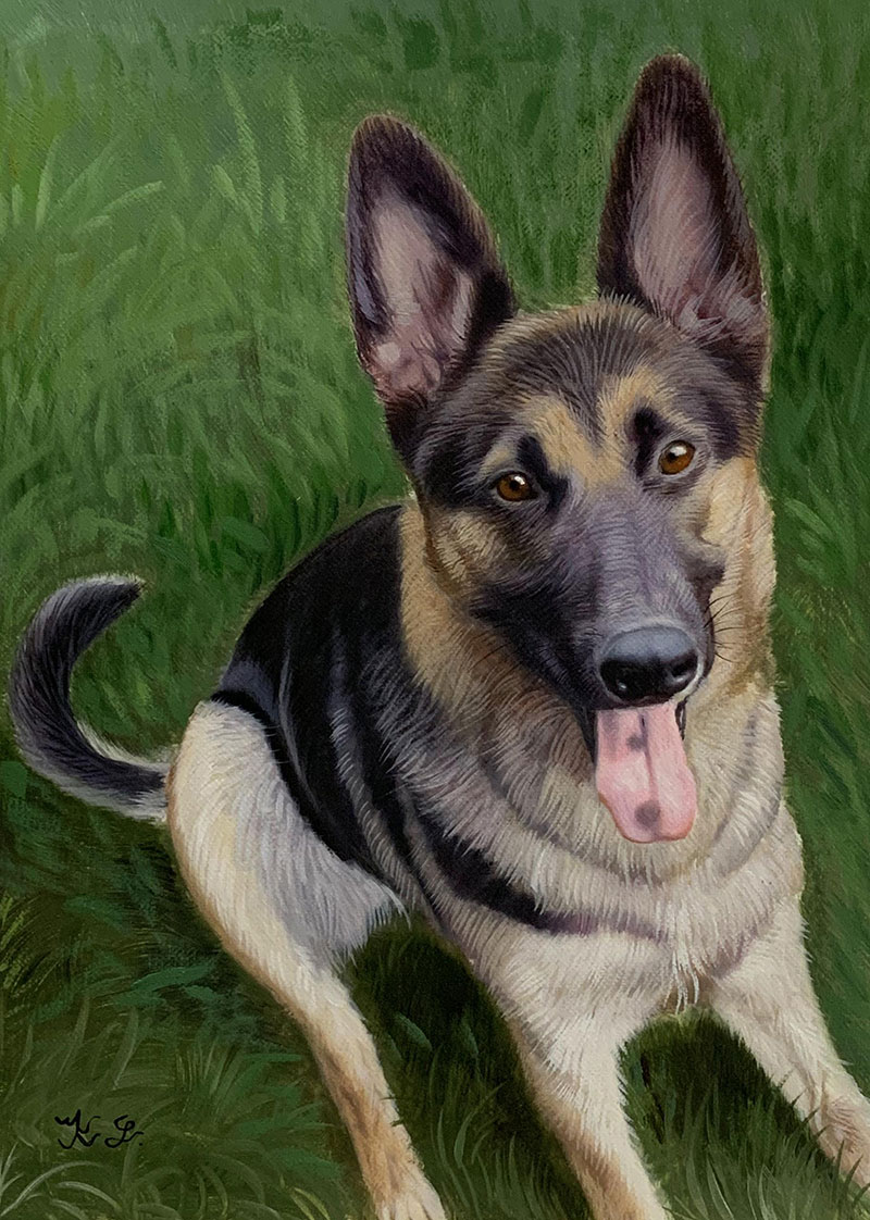 Painting of a German Shepherd dog sitting in the grass with its tongue out.