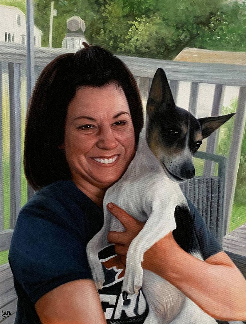 Custom oil painting of a lady with dog
