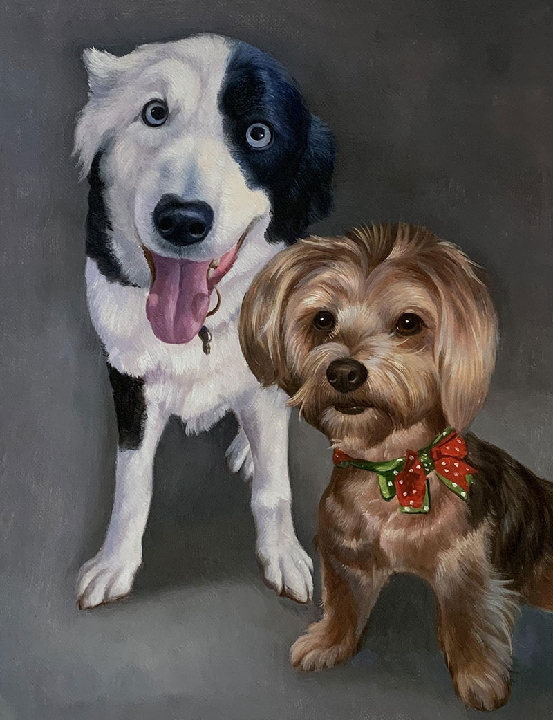 Painted portrait of a border collie and a Yorkshire terrier.