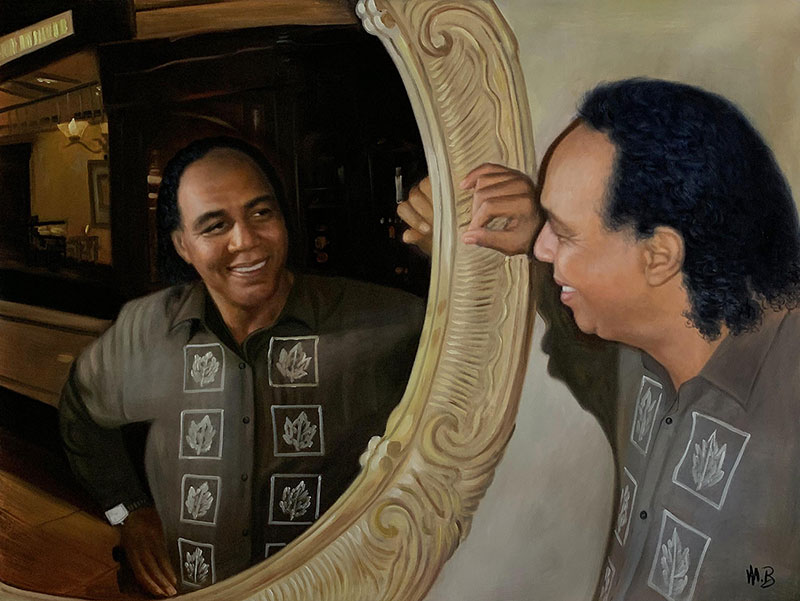 Custom oil painting of a gentleman looking in mirror
