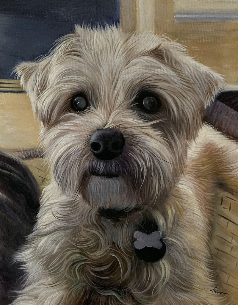 Painting of a fluffy, light-colored dog wearing a collar tag.