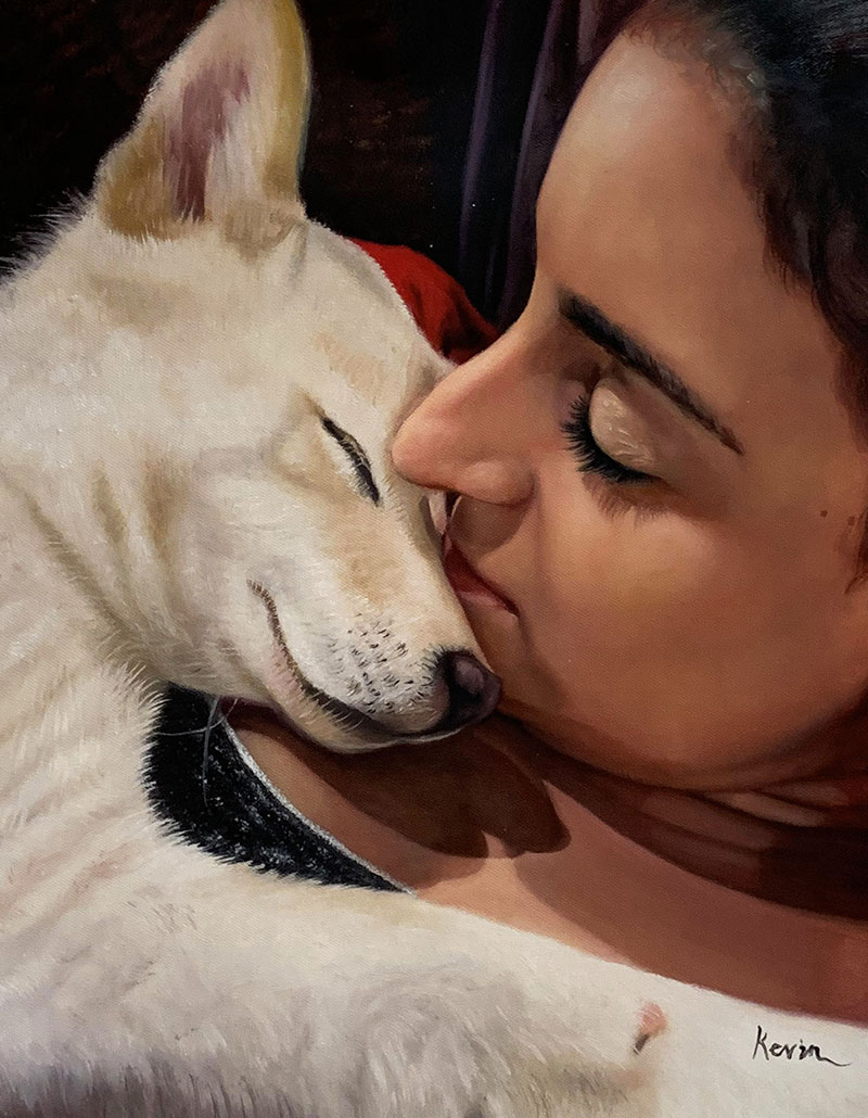 Painting of a woman cuddling a white dog.