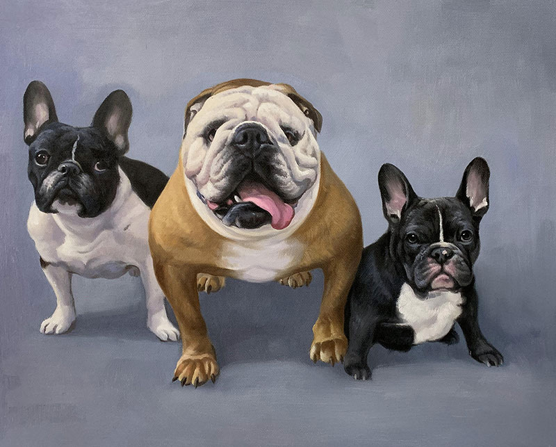 Beautiful handmade oil artwork of three dogs