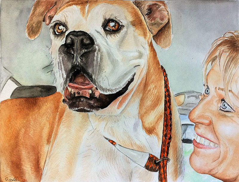 Custom watercolor artwork of a lady with dog
