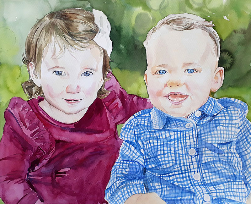Custom watercolor painting of two kids