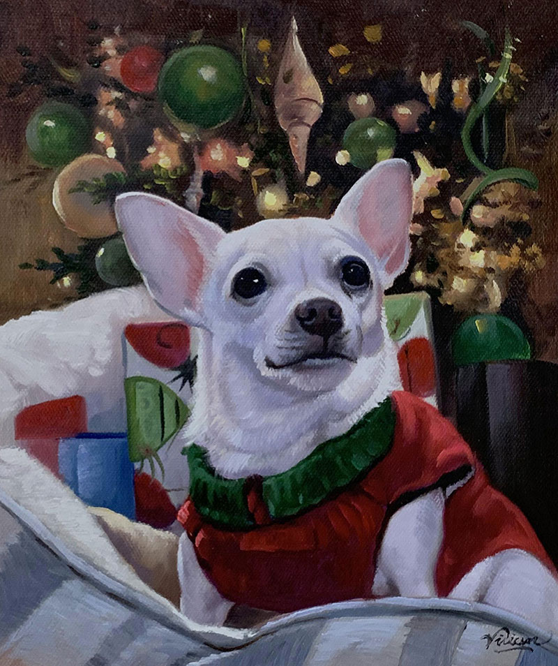 Painting of a white chihuahua wearing a red and green Christmas sweater, sitting amongst presents and Christmas decorations.
