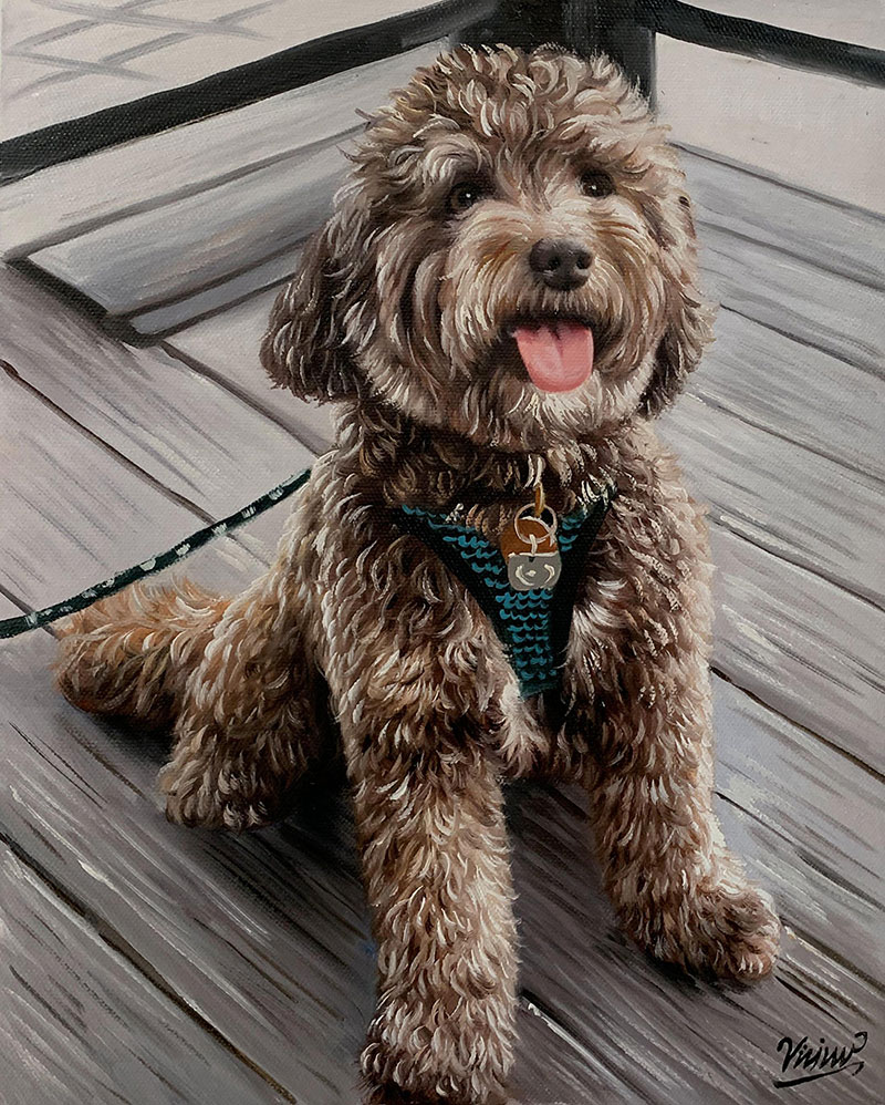 Painting of a brown fluffy dog sitting on a dock wearing a teal harness.