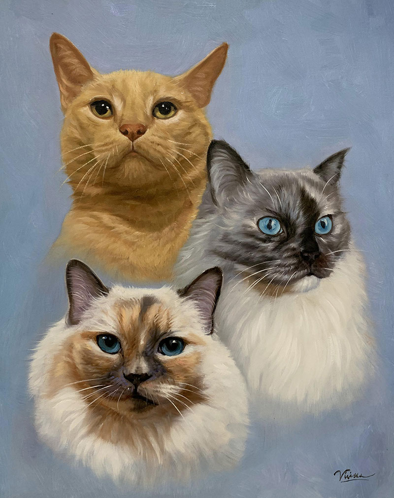 Beautiful handmade oil painting of three cats