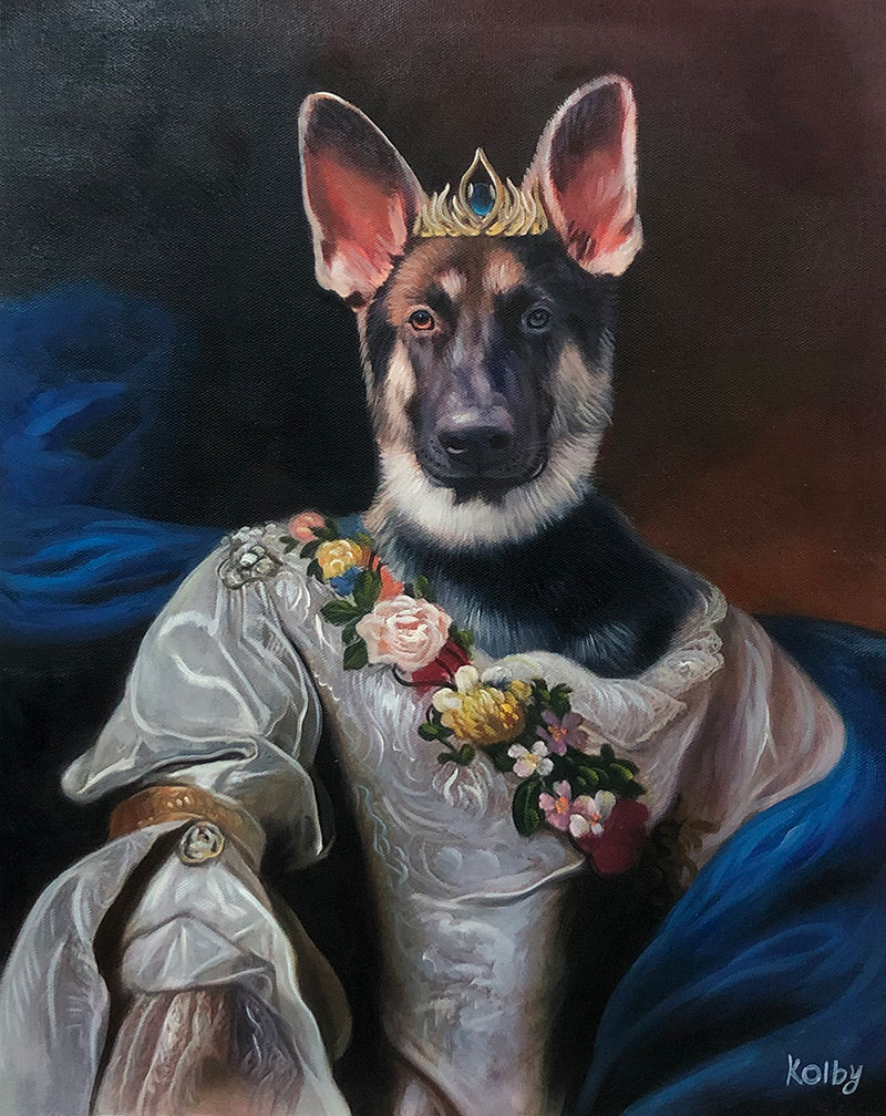 Beautiful handmade oil painting of a dog with crown