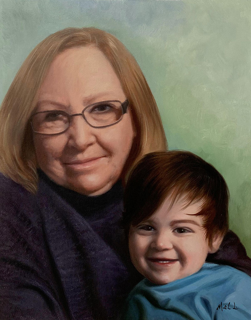 Custom oil painting of a grandmother and a grand kid