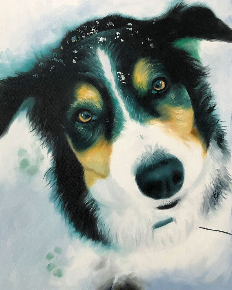 Painting of a border collie in the snow.