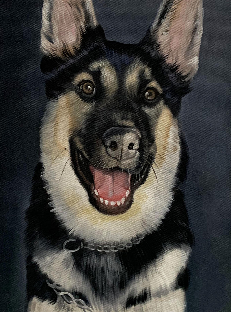 Painting of a smiling German Shepherd dog wearing a collar.