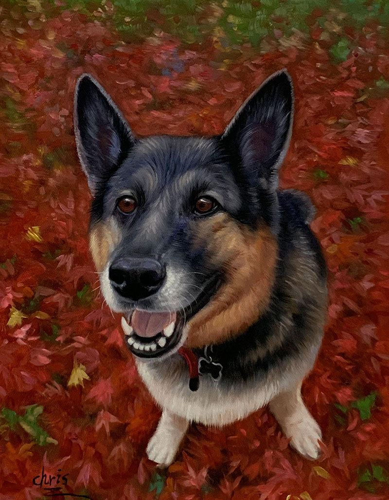 Painting of a smiling German Shepherd dog sitting in a pile of red autumn leaves.