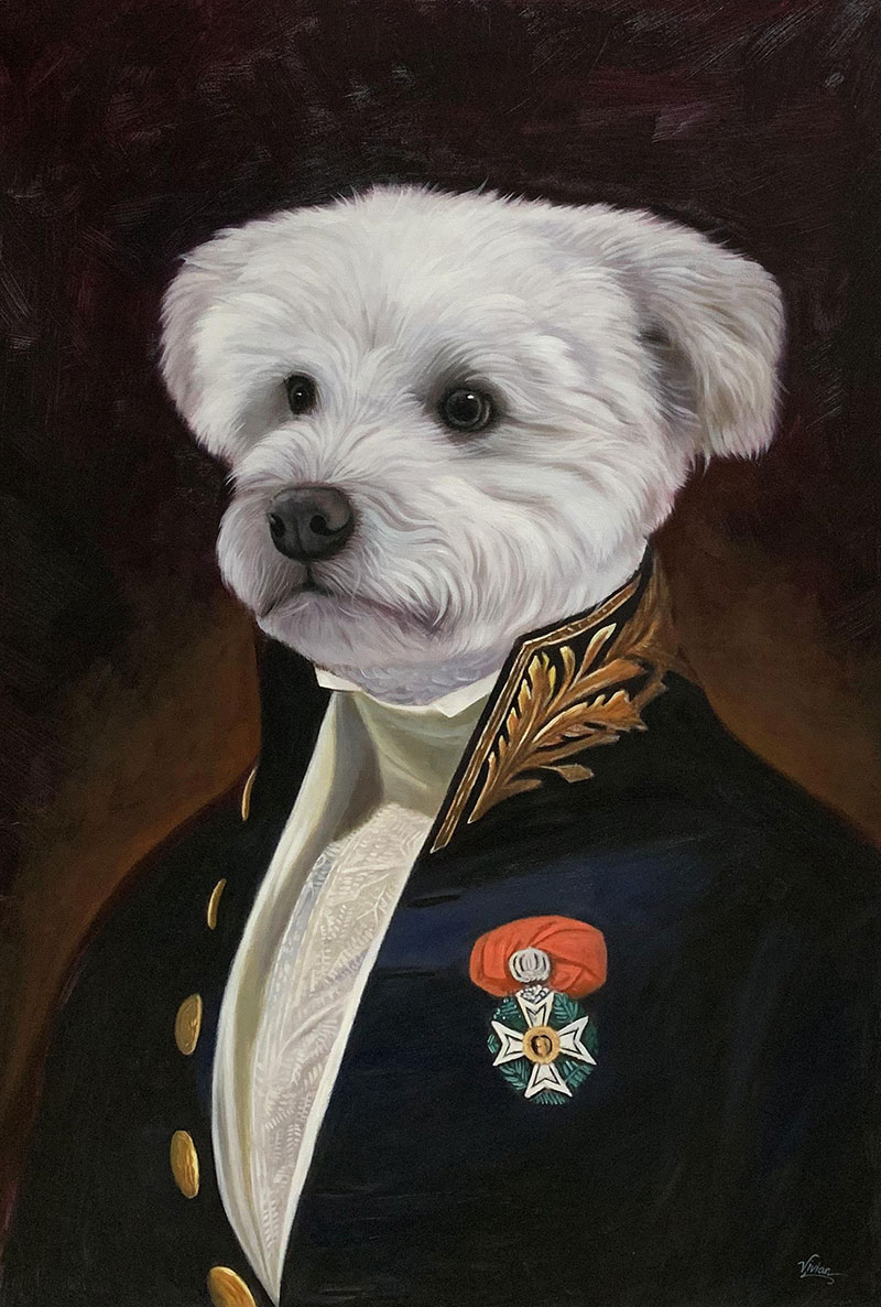 Beautiful handmade oil painting of a dog in suit